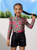 SHEIN Toddler Girls Leopard & Floral Print Ruffle Trim Tee K6B - PINK SHOP EG