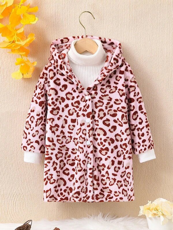 Shein Toddler Girls Leopard Pattern Drop Shoulder Hooded Teddy Coat K6C - PINK SHOP EG