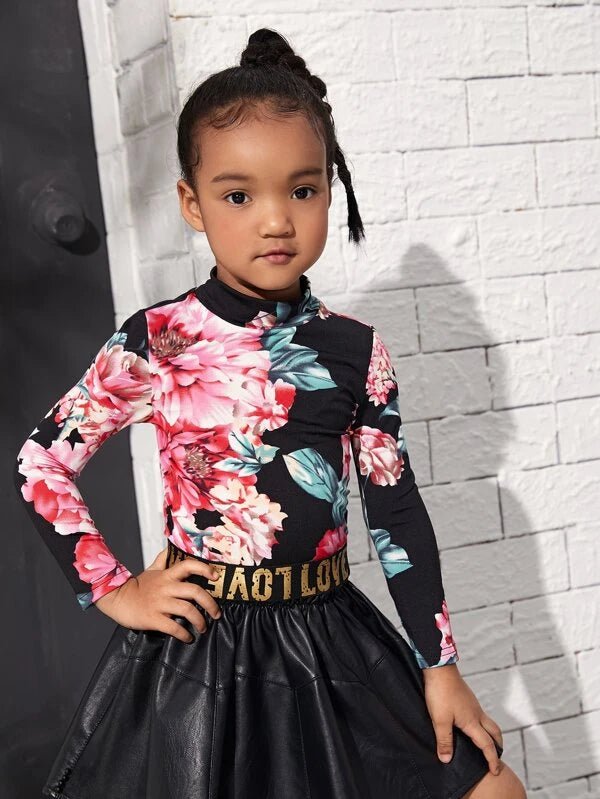SHEIN Toddler Girls Mock Neck Floral Print Tee K3B - PINK SHOP EG