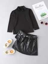 SHEIN Toddler Girls Ribbed Knit Stand Neck Top & Flap Pocket Belted Skirt K4B - PINK SHOP EG