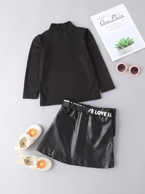 SHEIN Toddler Girls Ribbed Knit Stand Neck Top & Flap Pocket Belted Skirt K4B - PINK SHOP EG