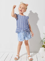 SHEIN Toddler Girls Ruffle Armhole Tie Front Striped Top K1C - PINK SHOP EG