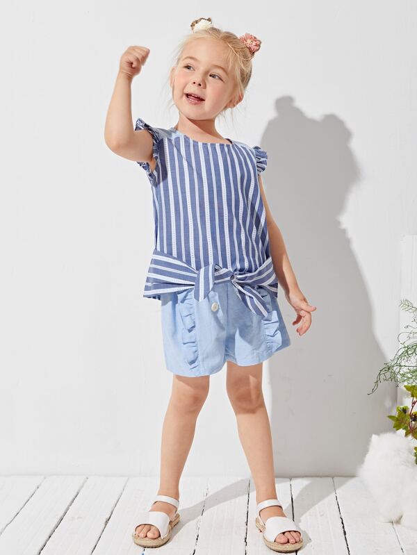 SHEIN Toddler Girls Ruffle Armhole Tie Front Striped Top K1C - PINK SHOP EG