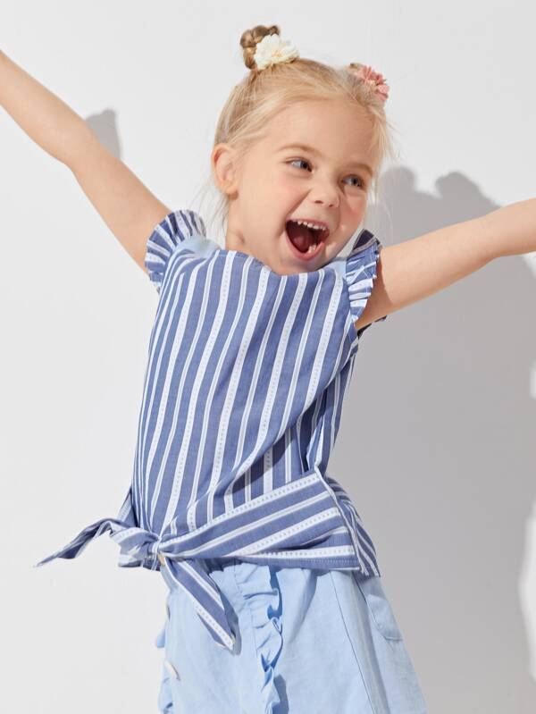 SHEIN Toddler Girls Ruffle Armhole Tie Front Striped Top K1C - PINK SHOP EG