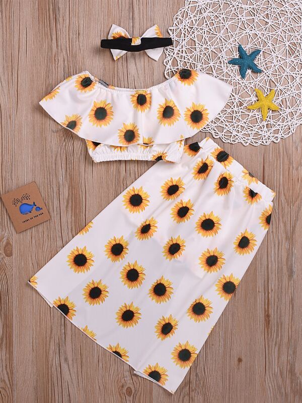 SHEIN Toddler Girls Sunflower Bardot Top & Shorts & Headband K3B - PINK SHOP EG