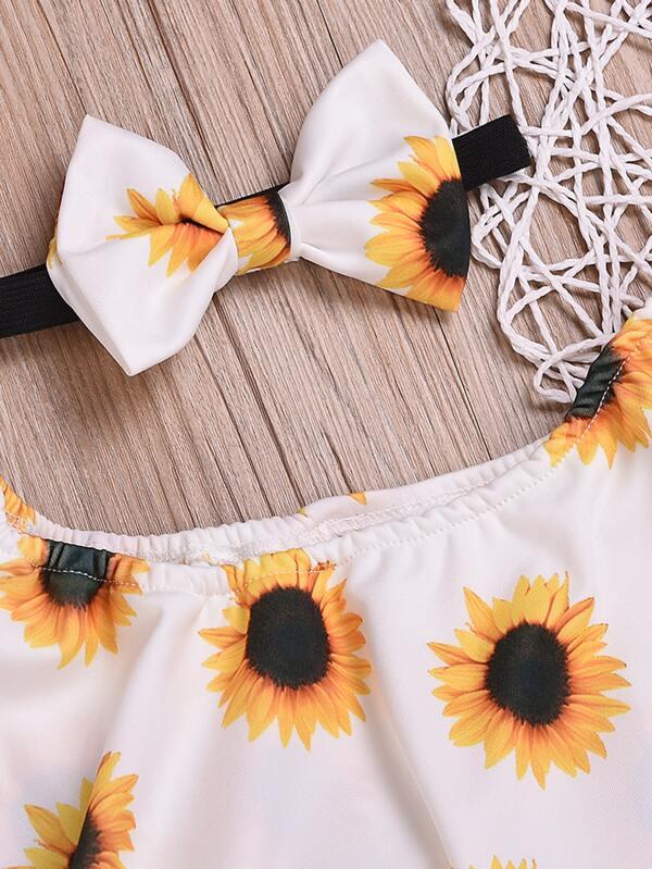SHEIN Toddler Girls Sunflower Bardot Top & Shorts & Headband K3B - PINK SHOP EG