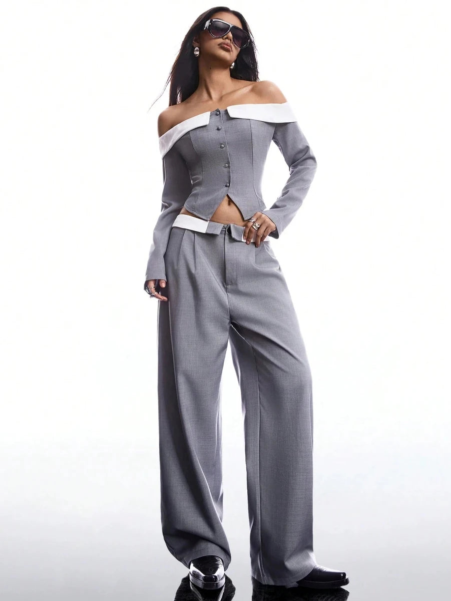 SHEIN Top And Pants LYSMO Women Plain Color Splice Off Shoulder - PINK SHOP EG