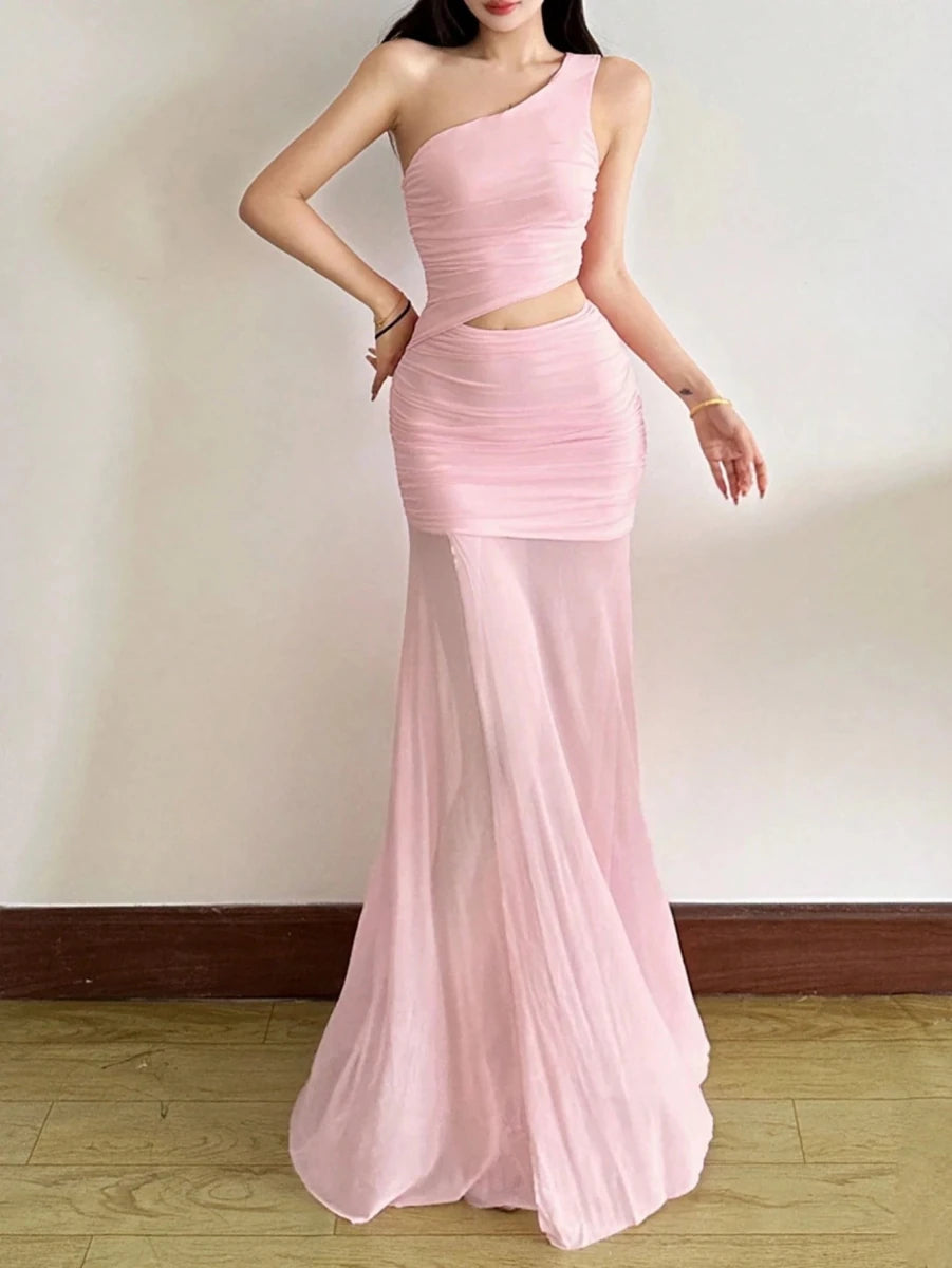 SHEIN Top Dazzle Solid Color Fitted Fashionable One - Shoulder Asymmetric Sleeveless Dress - PINK SHOP EG