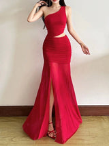 SHEIN Top Dazzle Solid Color Fitted Fashionable One - Shoulder Asymmetric Sleeveless Dress - PINK SHOP EG