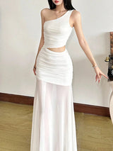 SHEIN Top Dazzle Solid Color Fitted Fashionable One - Shoulder Asymmetric Sleeveless Dress - PINK SHOP EG