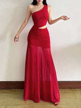 SHEIN Top Dazzle Solid Color Fitted Fashionable One - Shoulder Asymmetric Sleeveless Dress - PINK SHOP EG