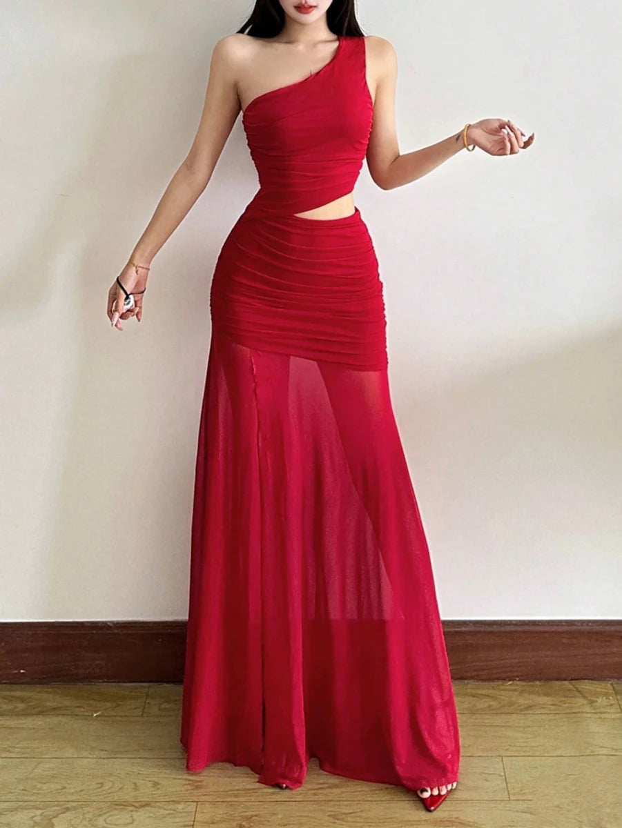 SHEIN Top Dazzle Solid Color Fitted Fashionable One - Shoulder Asymmetric Sleeveless Dress - PINK SHOP EG