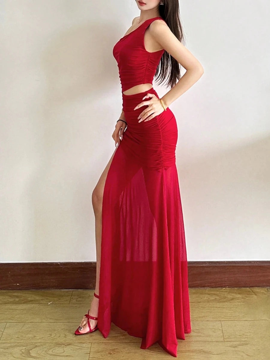 SHEIN Top Dazzle Solid Color Fitted Fashionable One - Shoulder Asymmetric Sleeveless Dress - PINK SHOP EG