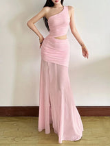 SHEIN Top Dazzle Solid Color Fitted Fashionable One - Shoulder Asymmetric Sleeveless Dress - PINK SHOP EG