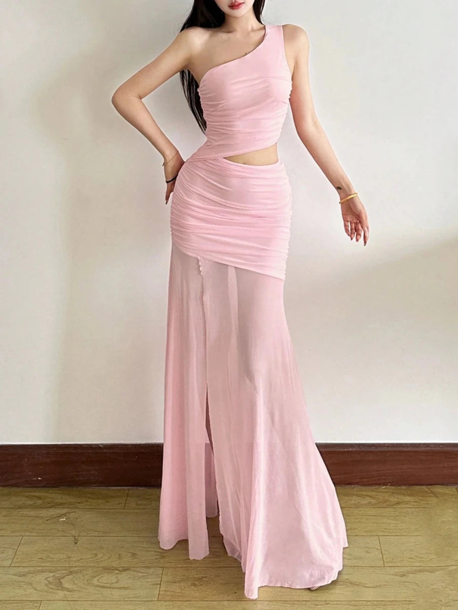 SHEIN Top Dazzle Solid Color Fitted Fashionable One - Shoulder Asymmetric Sleeveless Dress - PINK SHOP EG