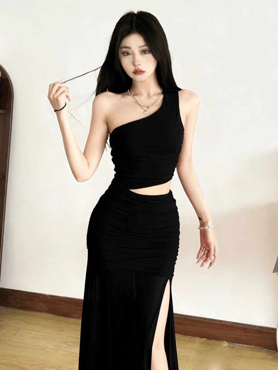 SHEIN Top Dazzle Solid Color Fitted Fashionable One - Shoulder Asymmetric Sleeveless Dress - PINK SHOP EG