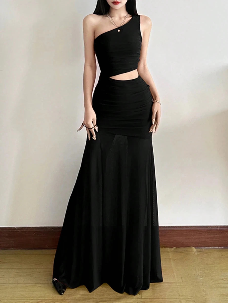 SHEIN Top Dazzle Solid Color Fitted Fashionable One - Shoulder Asymmetric Sleeveless Dress - PINK SHOP EG