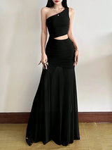 SHEIN Top Dazzle Solid Color Fitted Fashionable One - Shoulder Asymmetric Sleeveless Dress - PINK SHOP EG