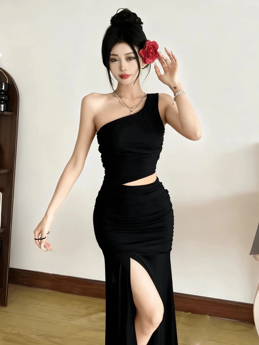 SHEIN Top Dazzle Solid Color Fitted Fashionable One - Shoulder Asymmetric Sleeveless Dress - PINK SHOP EG