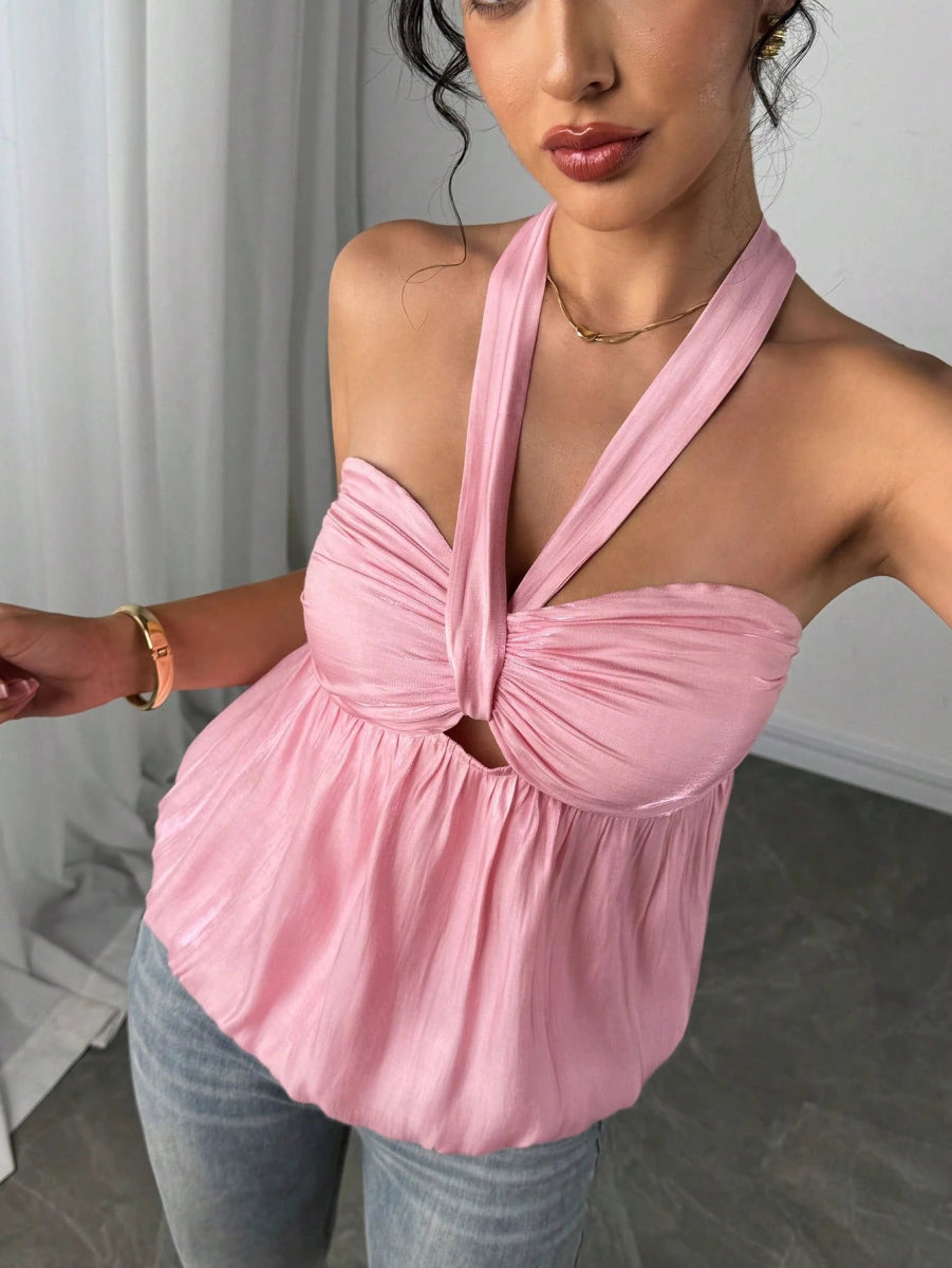 SHEIN TOP Elegant Neck Tie Bow Ruched Bust A6C - PINK SHOP EG