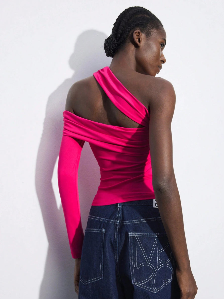 SHEIN TOP Maija Women's Rose Red Solid Oblique Shoulder A3A - PINK SHOP EG