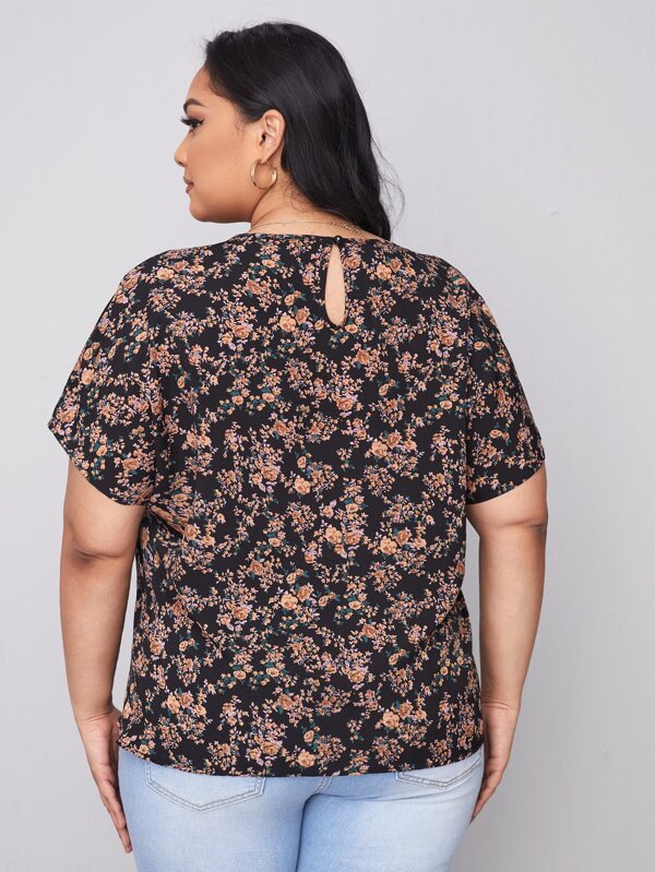 SHEIN Top Plus Keyhole Back Batwing Sleeve Allover F4B - PINK SHOP EG