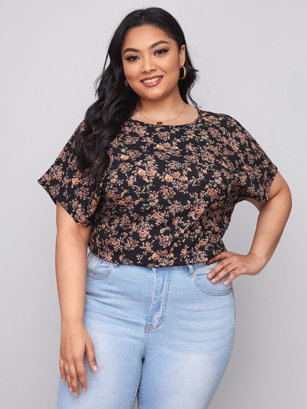 SHEIN Top Plus Keyhole Back Batwing Sleeve Allover F4B - PINK SHOP EG