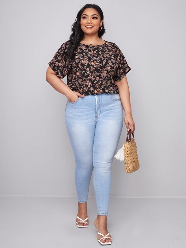 SHEIN Top Plus Keyhole Back Batwing Sleeve Allover F4B - PINK SHOP EG