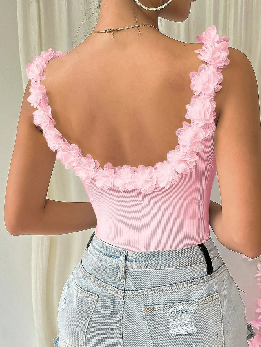 SHEIN TOP Rafferiza Flower Applique Backless Slim A5B - PINK SHOP EG