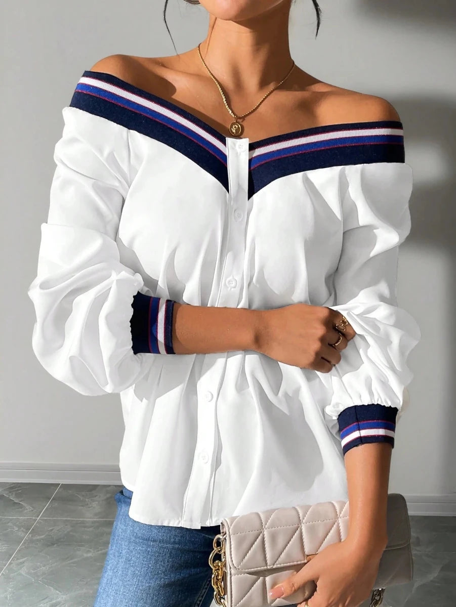 SHEIN TOPS Chiquease Colorblock Ribbed V - Neck Button - Up Women's Shirt - PINK SHOP EG