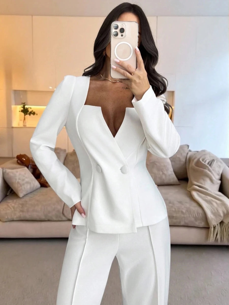 SHEIN Two piece Firerie Women's White Solid Square Neck - PINK SHOP EG