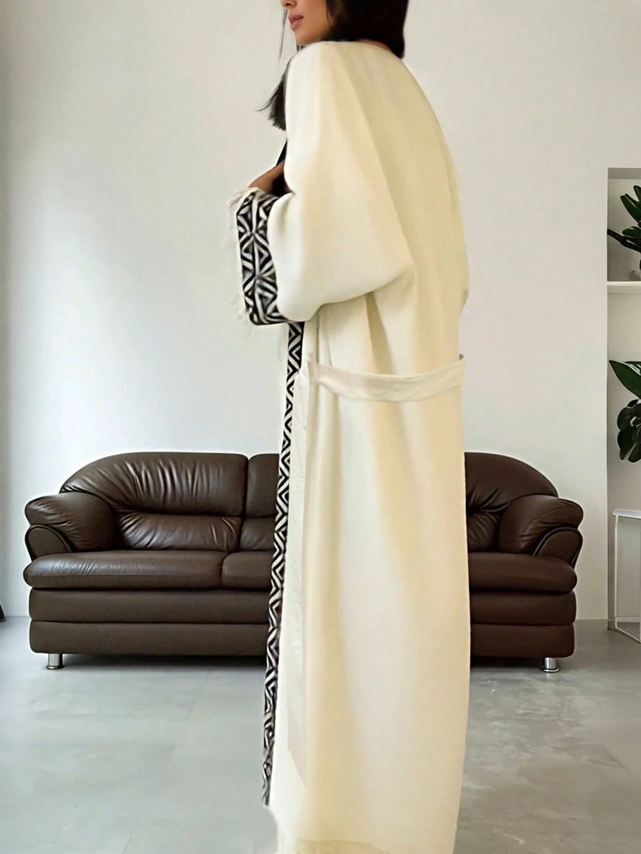 SHEIN Two - piece Geo Print Fringe Trim Open Front Coat & Pants - PINK SHOP EG