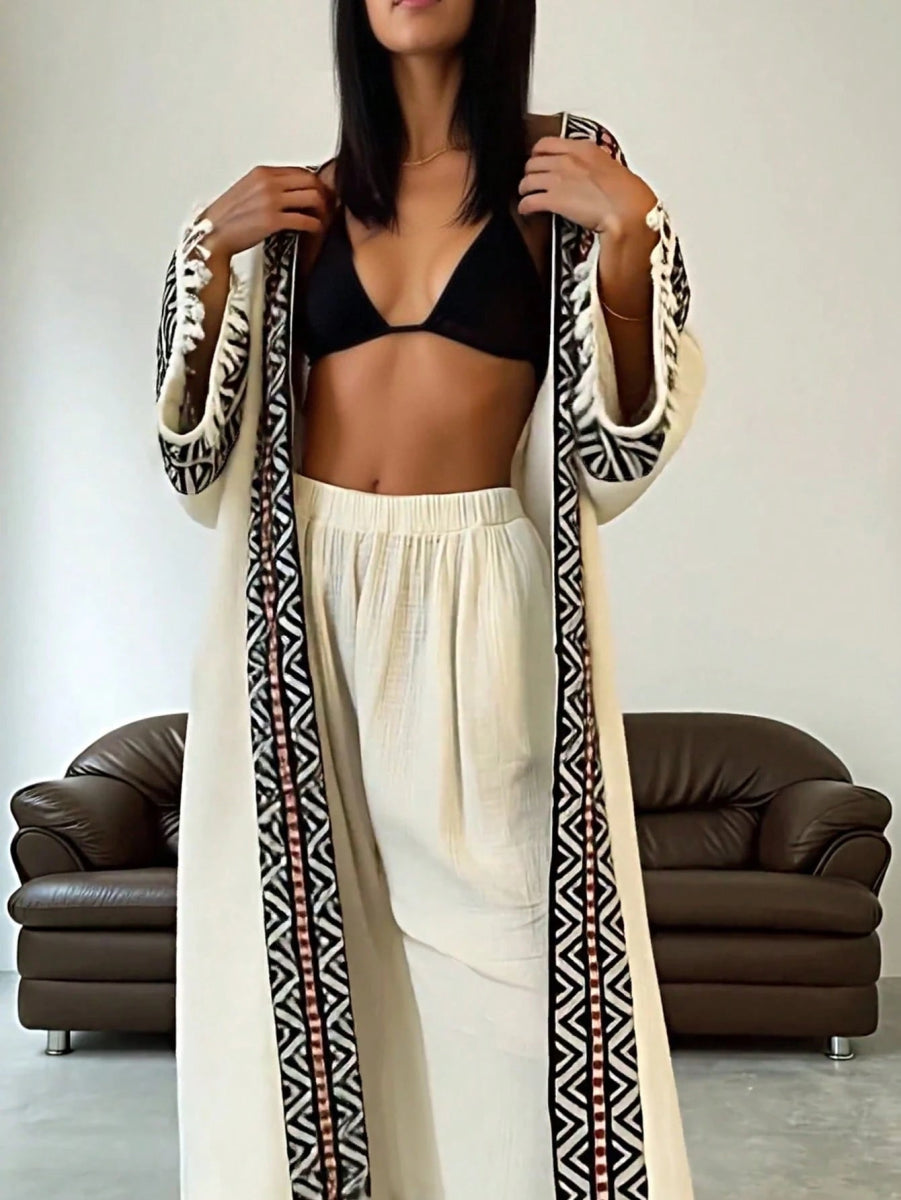 SHEIN Two - piece Geo Print Fringe Trim Open Front Coat & Pants - PINK SHOP EG