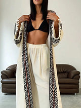 SHEIN Two - piece Geo Print Fringe Trim Open Front Coat & Pants - PINK SHOP EG