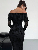 SHEIN Vuslat Fashionable Velvet Jacquard Off - Shoulder Dress, Sexy & Elegant Luxurious Look, Eye - PINK SHOP EG