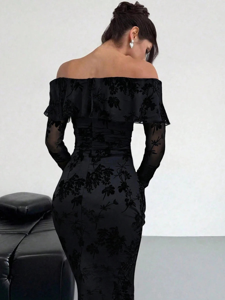 SHEIN Vuslat Fashionable Velvet Jacquard Off - Shoulder Dress, Sexy & Elegant Luxurious Look, Eye - PINK SHOP EG