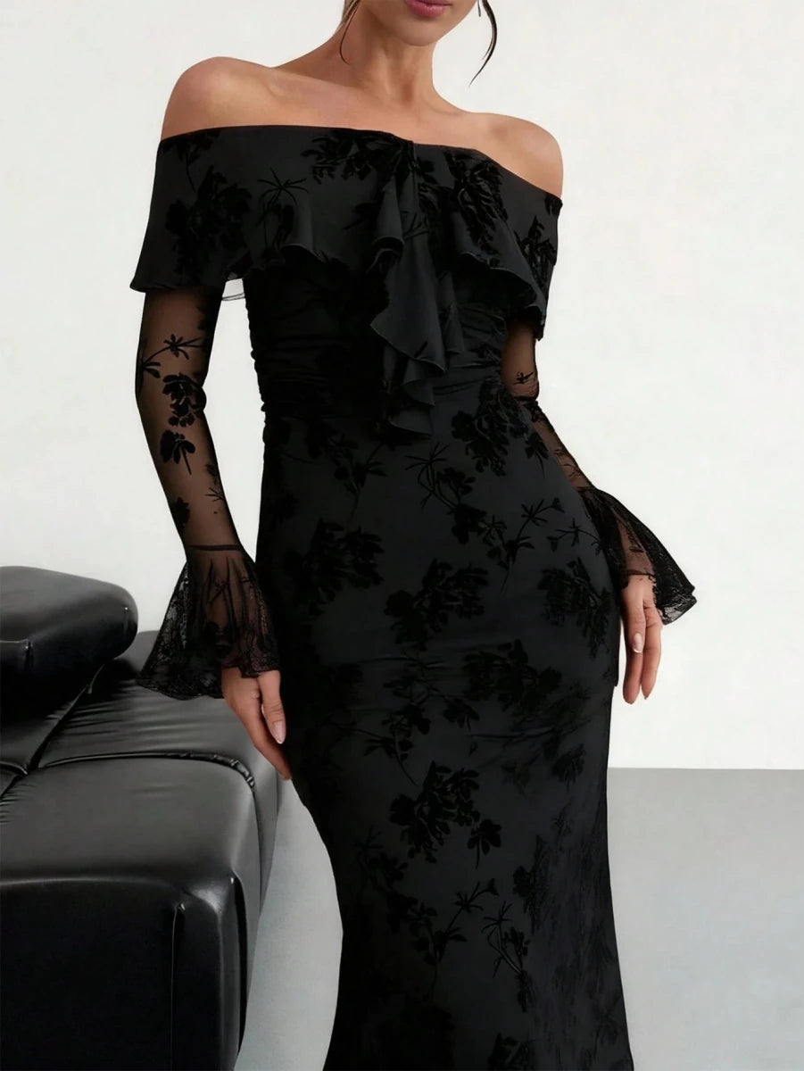 SHEIN Vuslat Fashionable Velvet Jacquard Off - Shoulder Dress, Sexy & Elegant Luxurious Look, Eye - PINK SHOP EG
