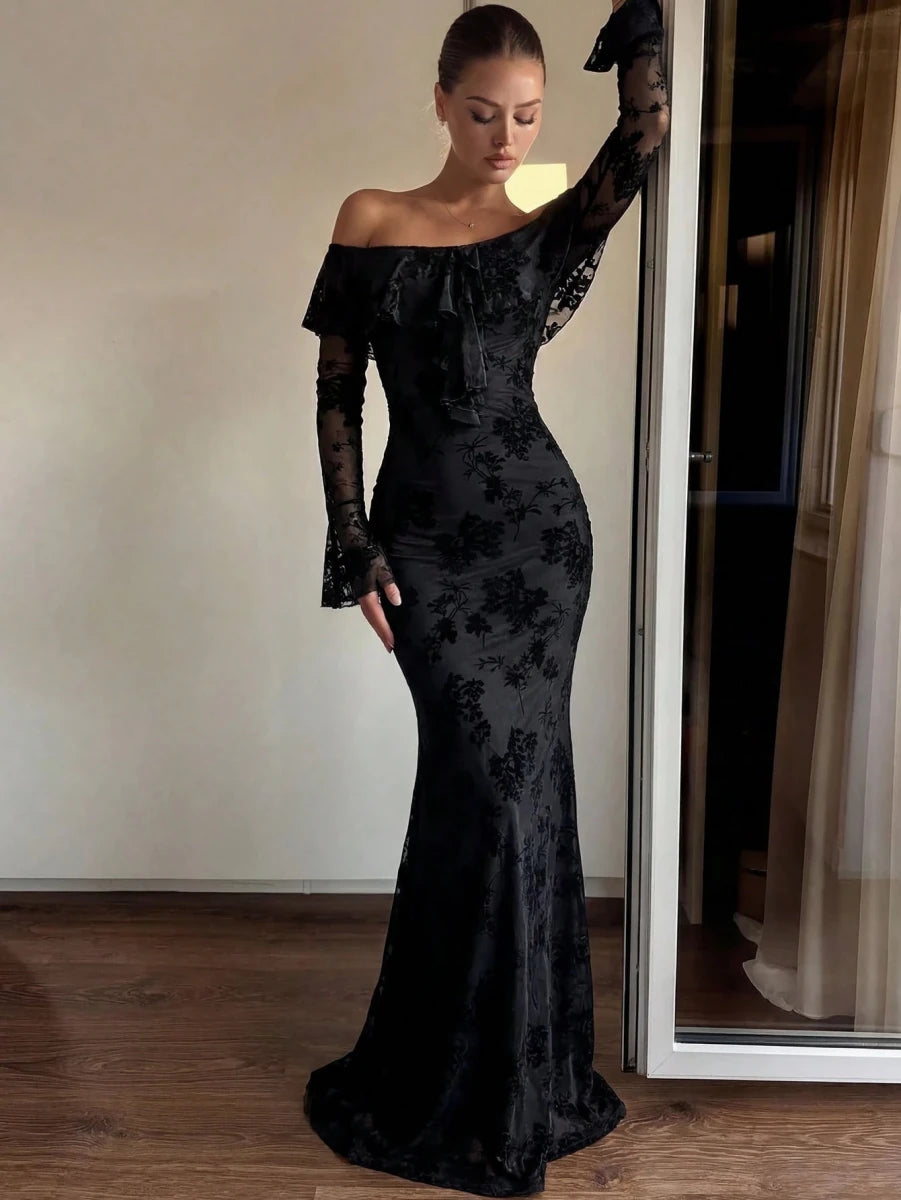 SHEIN Vuslat Fashionable Velvet Jacquard Off - Shoulder Dress, Sexy & Elegant Luxurious Look, Eye - PINK SHOP EG