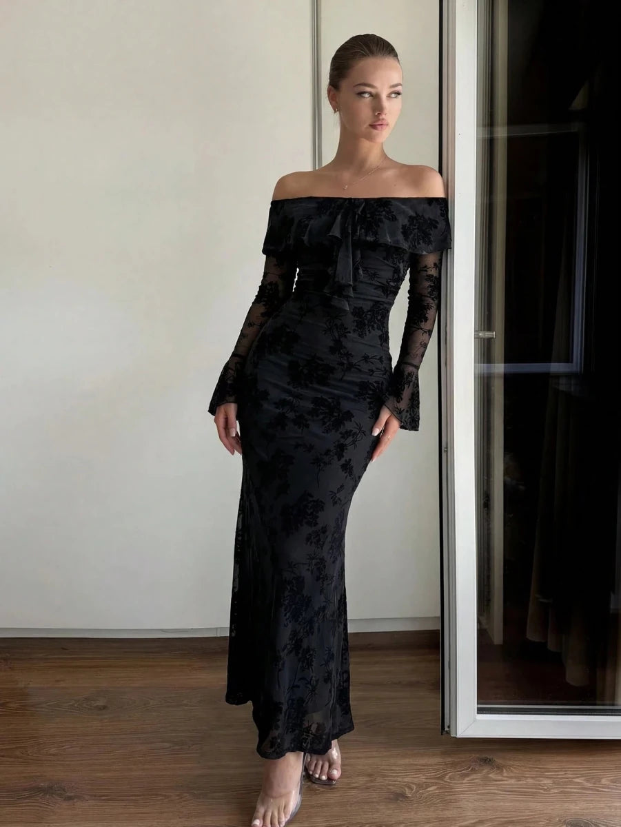 SHEIN Vuslat Fashionable Velvet Jacquard Off - Shoulder Dress, Sexy & Elegant Luxurious Look, Eye - PINK SHOP EG