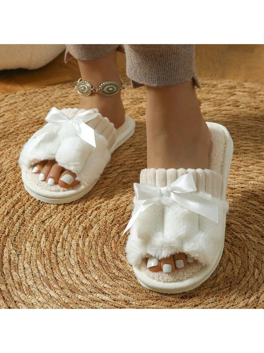 SHEIN Women's Bunny Fur Bowknot Design Slide Slippers I5 - PINK SHOP EG