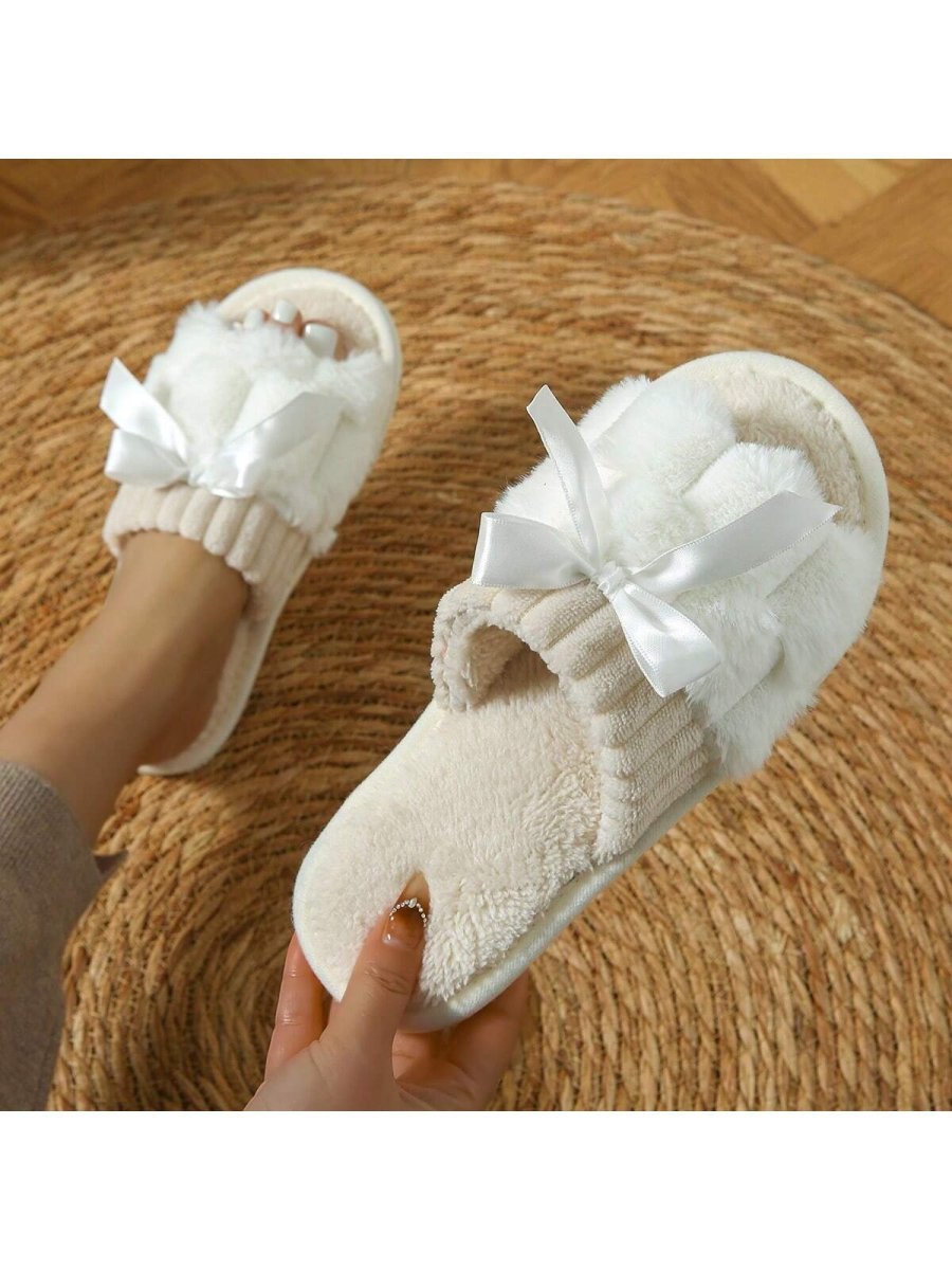 SHEIN Women's Bunny Fur Bowknot Design Slide Slippers I5 - PINK SHOP EG