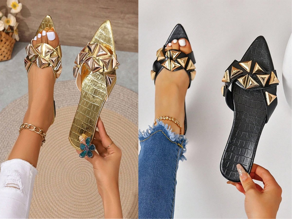 SHEIN Women's Fashionable Pointed Toe Flat Sandals With Rivets And Plus Size - PINK SHOP EG