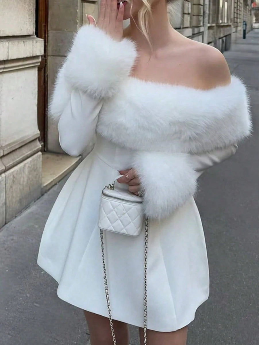 SHEIN Women's Solid Color Knitted Long Sleeve Faux Fur Collar Sexy Elegant Holiday Dress C4B - PINK SHOP EG