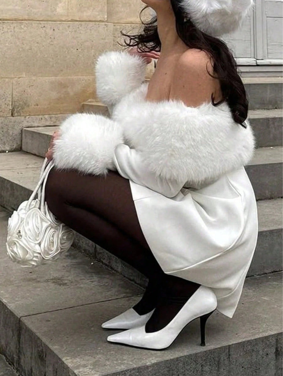 SHEIN Women's Solid Color Knitted Long Sleeve Faux Fur Collar Sexy Elegant Holiday Dress C4B - PINK SHOP EG