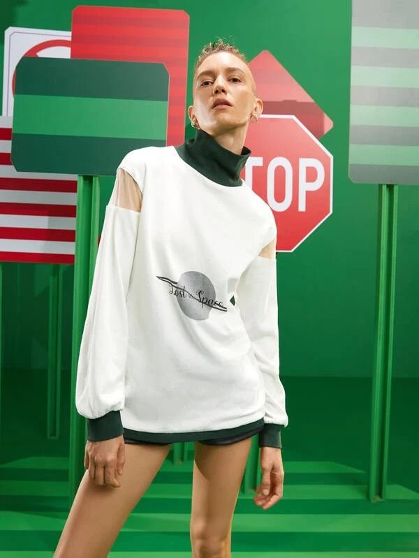 SHEIN X Romina Mesh Insert Letter & Colorblock Graphic A3B - PINK SHOP EG