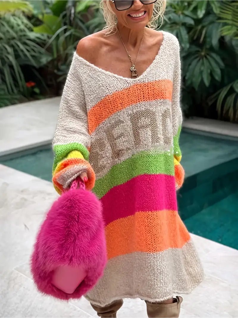 Temu Peace Pattern Color Blocks Loose Midi Sweater Dress B2C - PINK SHOP EG