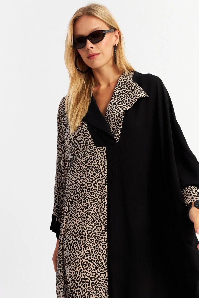 Trendyol Leopard Blocked Black Maxi Women's Dress C3C - PINK SHOP EG