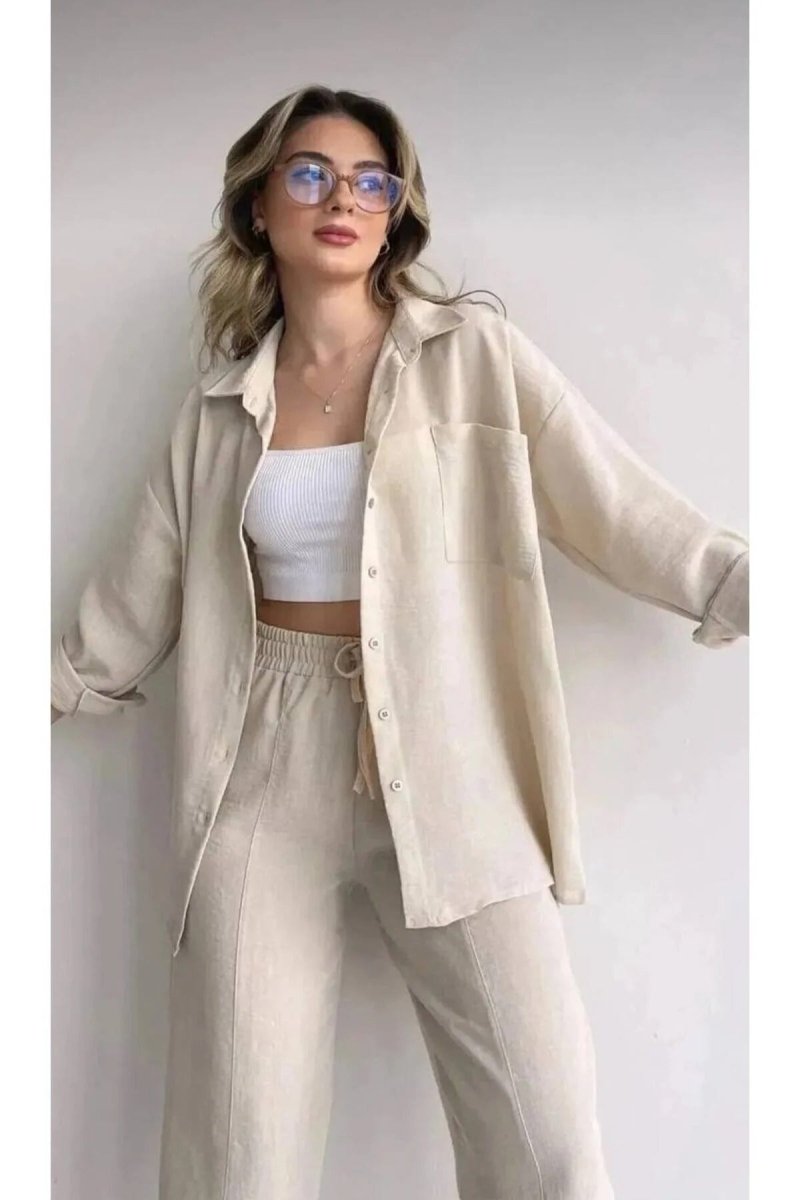 Trendyol Women's Grass Detailed Shirt Pants Linen Suit B2A - PINK SHOP EG