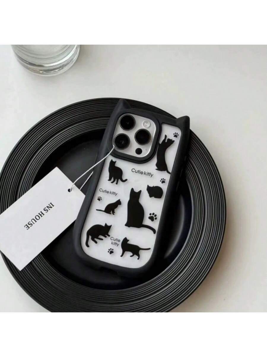 SHEIN Cat Ear Design Acrylic Full Screen Case/2-In-1 Black Cat Phone Case