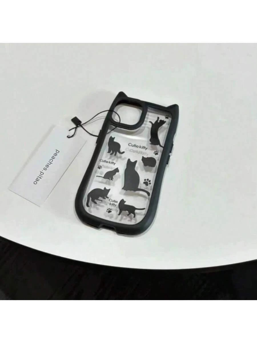SHEIN Cat Ear Design Acrylic Full Screen Case/2-In-1 Black Cat Phone Case
